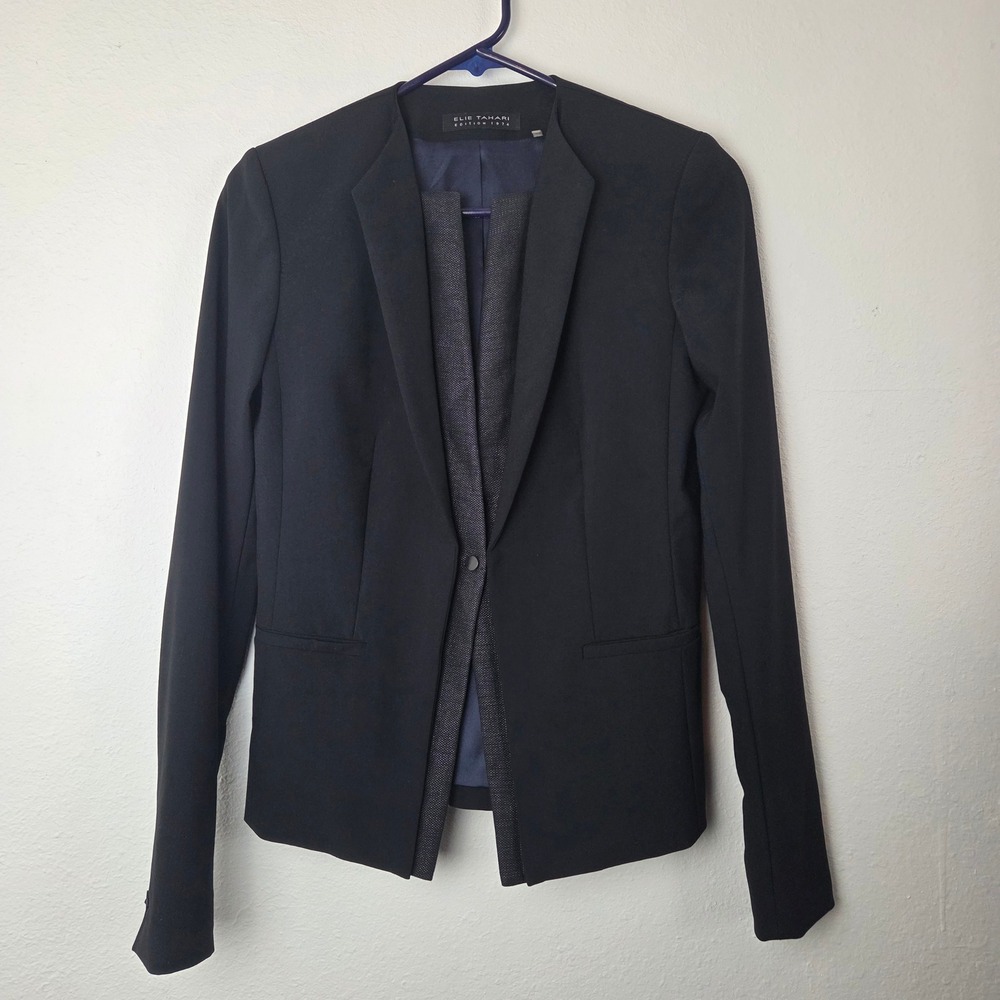 Elie Tahari Edition 1974 Black Wool Blend Collarless Blazer Women US 0 E289T124